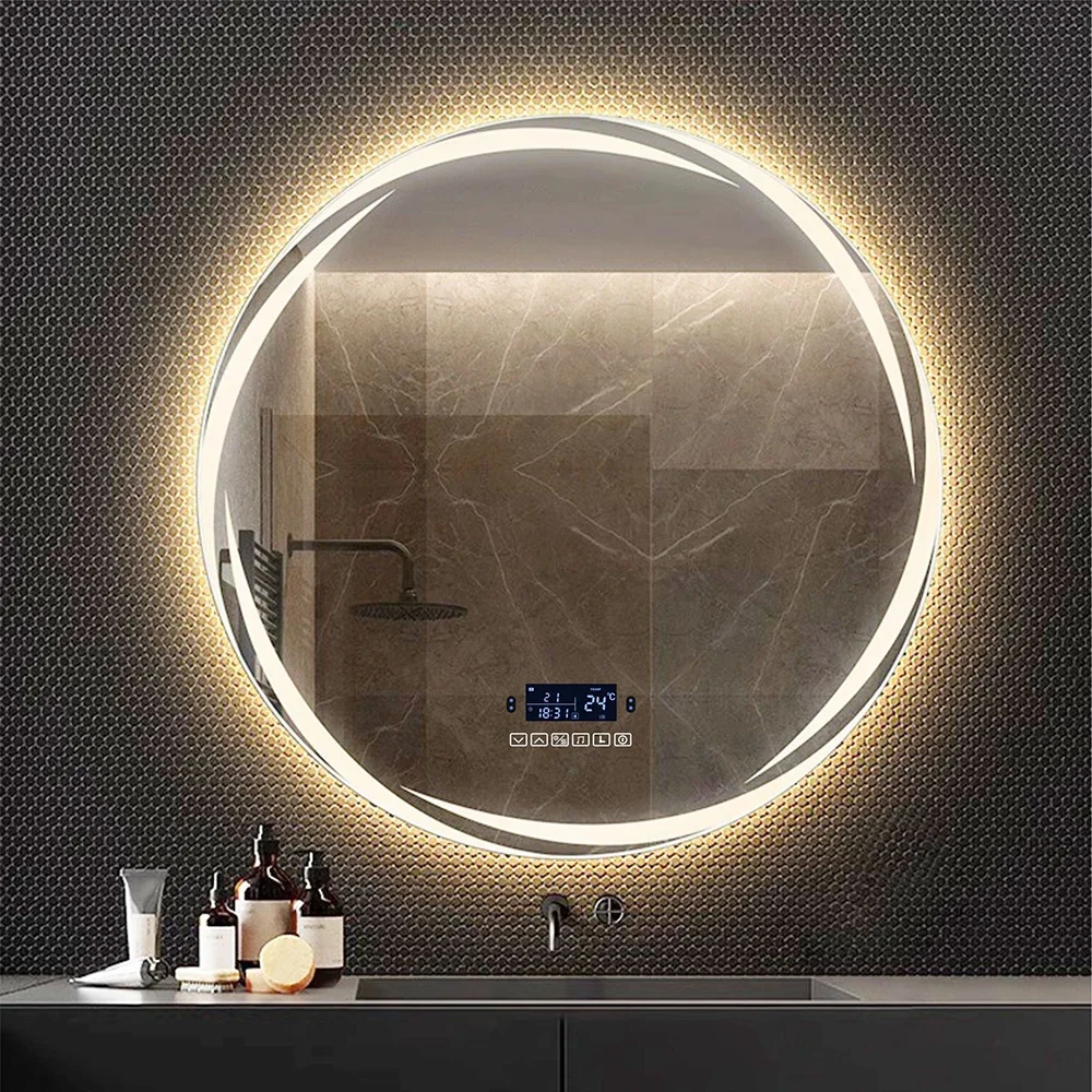 

60/70/80cm Round Smart LED Bathroom Hotel Decorative Mirror 3-Color Adjustable/Bluetooth Speaker/Human Body Sensing/Time Display
