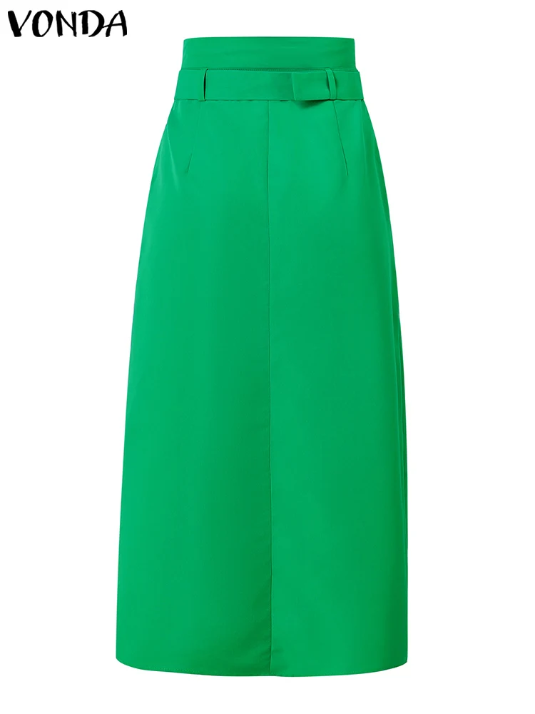 Plus Size Vrouwen Rokken 2025 VONDA Casual Tailleband Knop Ontwerp Slit Lange Overrokken Elegante Effen Kleur Kantoor Dame Bodems