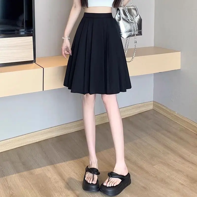 Fashion Elastic Spliced Solid Color Pleated Skirts Female Clothing 2025 Summer New Loose Preppy Style High Waist Skirts