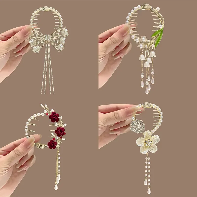 Amxiu Pearl Tassel Rhinestone Hair Clasp Bun Maker Hair Claw For Girls High Ponytail Hair Clip Temperament Hanfu Headdress 2024