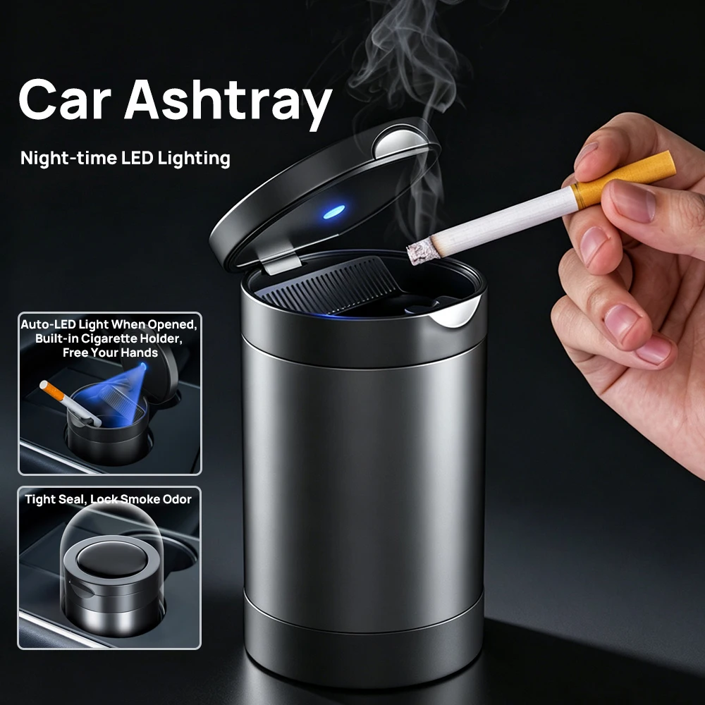 1PC Car Ashtray With LED Light Universal Alloy Ash Tray Car Retardant Cigarette Holder Ash Tray Automotive Interior Supplies