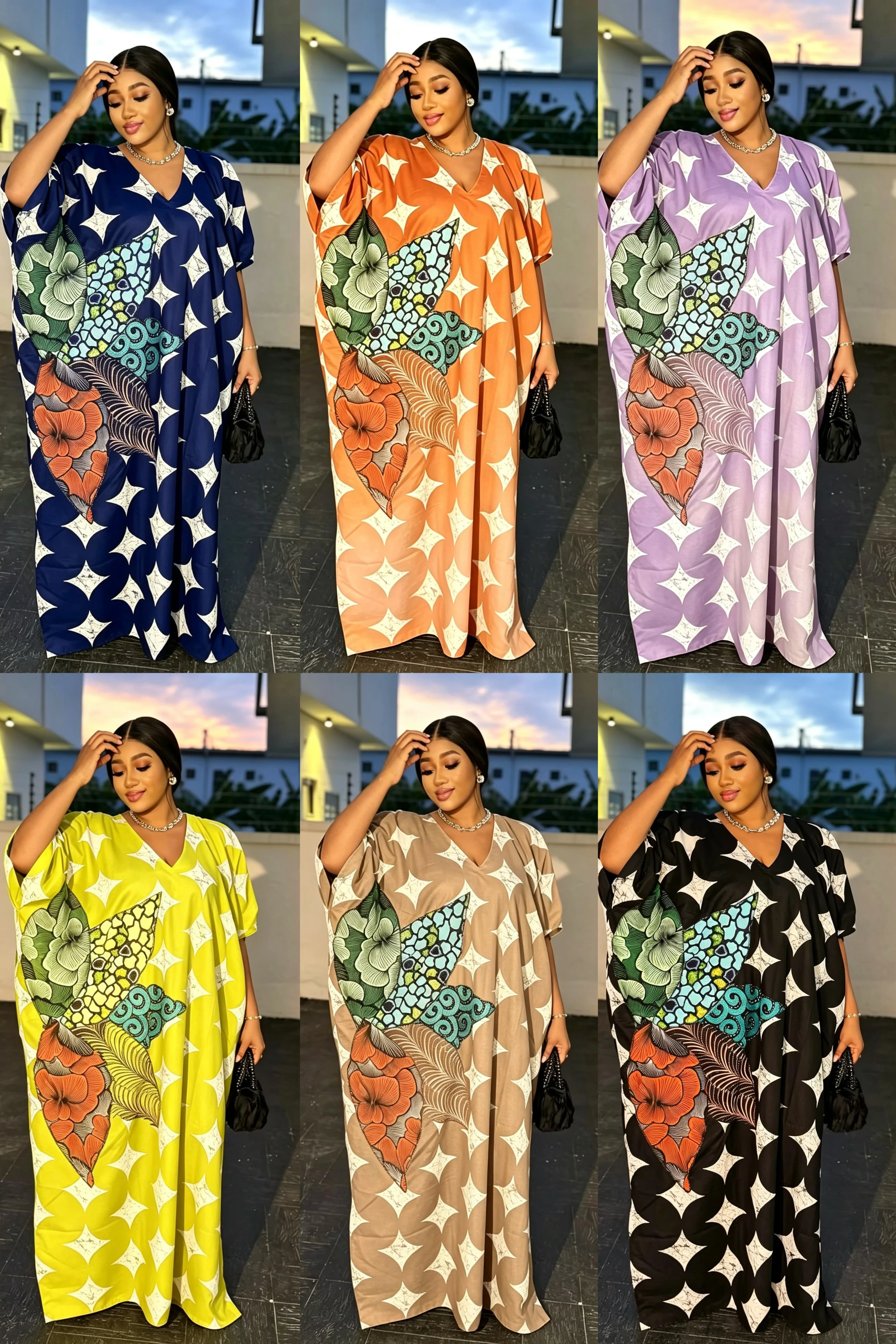 African Women's Plus-Size V-Neck Kaftan Dress Ankara Long Floral Print Short Sleeve Summer Lightweight Casual Dress