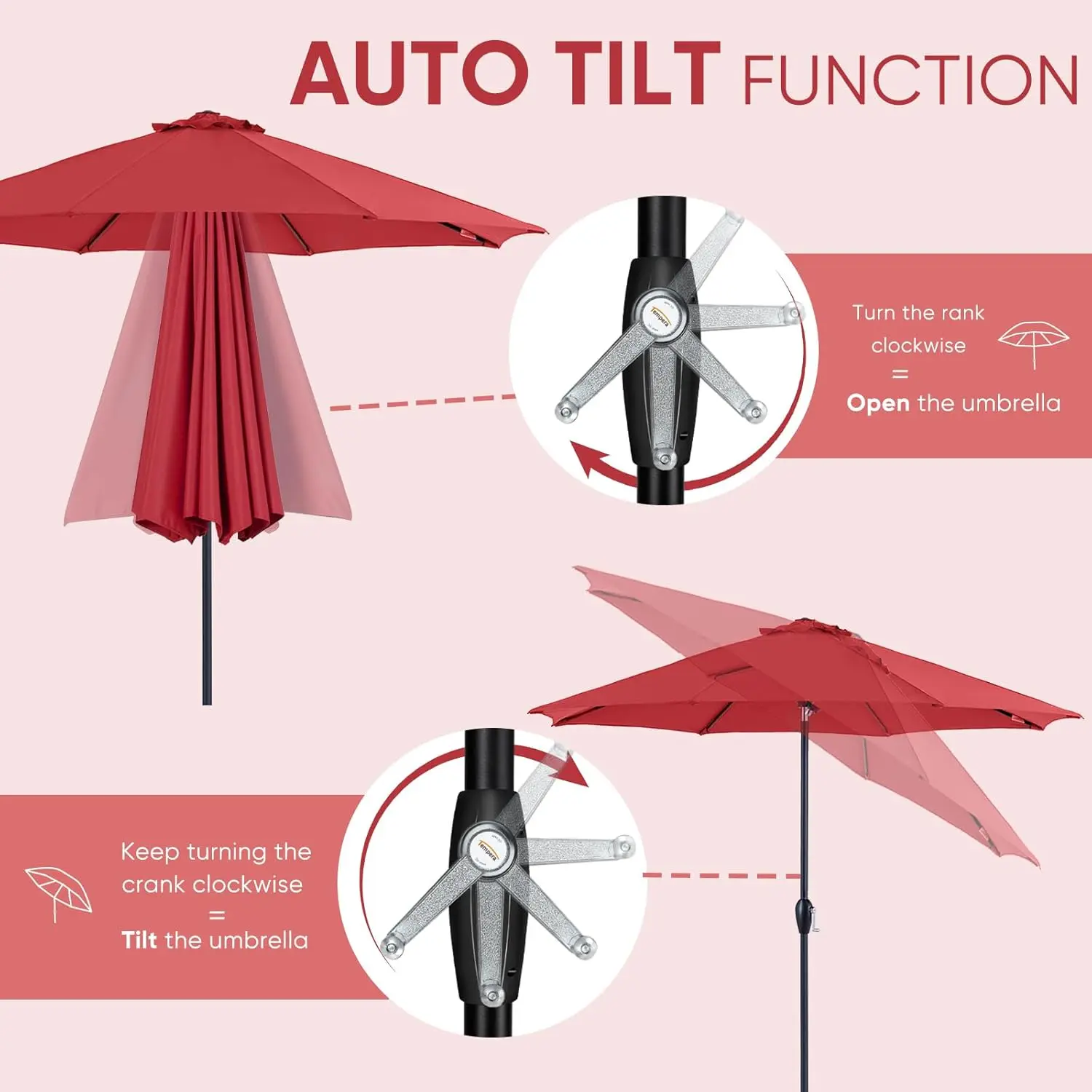 9ft Outdoor Table Umbrella with Auto Tilt and Crank,Large Sun Umbrella with Sturdy Pole&Fade resistant canopy,Easy to 15