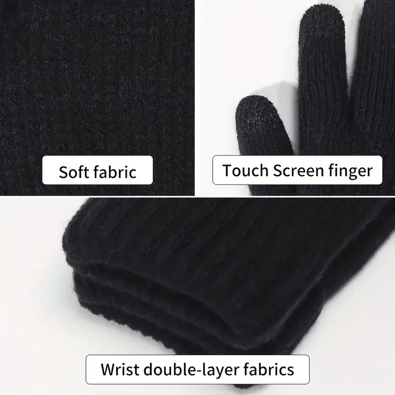 1 Paar Herren Schwarz Winter Doppelschicht Plus Samt Verdickte Strickhandschuhe, Outdoor Touchscreen Warme Vollfingerhandschuhe