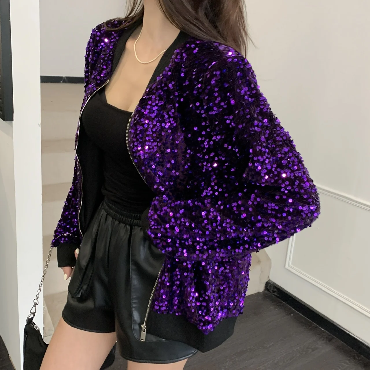 Korean Clothes Sequins Coat Sexy Zipper Shiny Jacket Bling Bling Women\'s Tops Long Sleeve Hand Made Bright Party Outerwear 2163