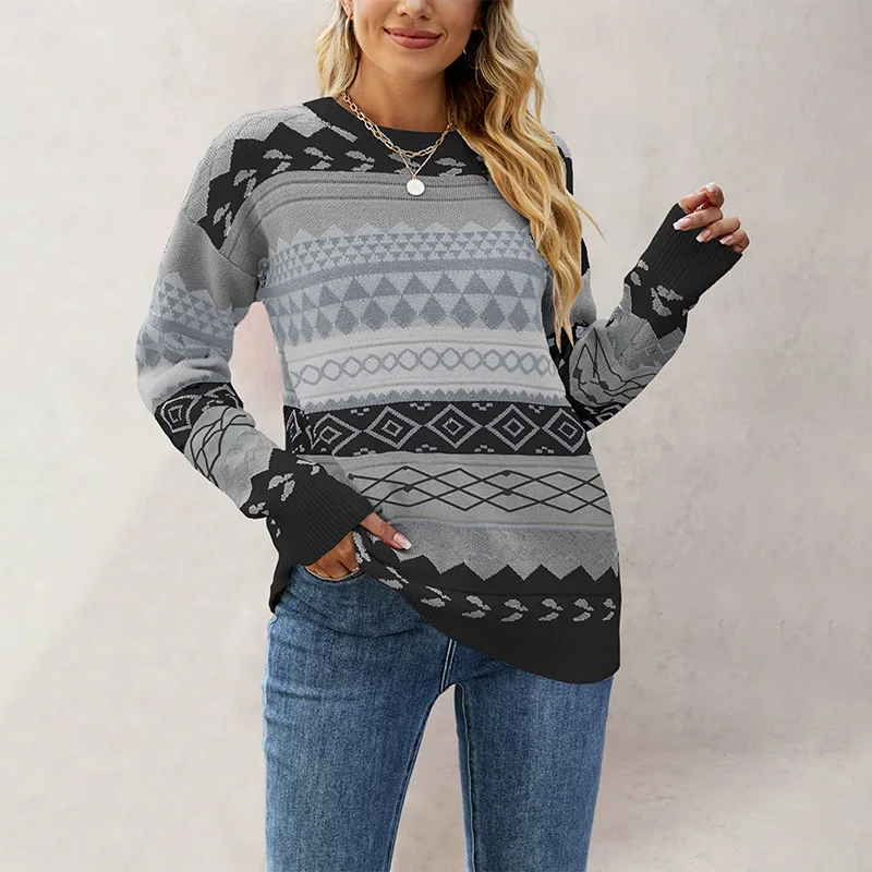Sweater Women 2025 Autumn New Geometric Pattern Splicing Knitted Fashion Tops Retro Sweater for Women 4