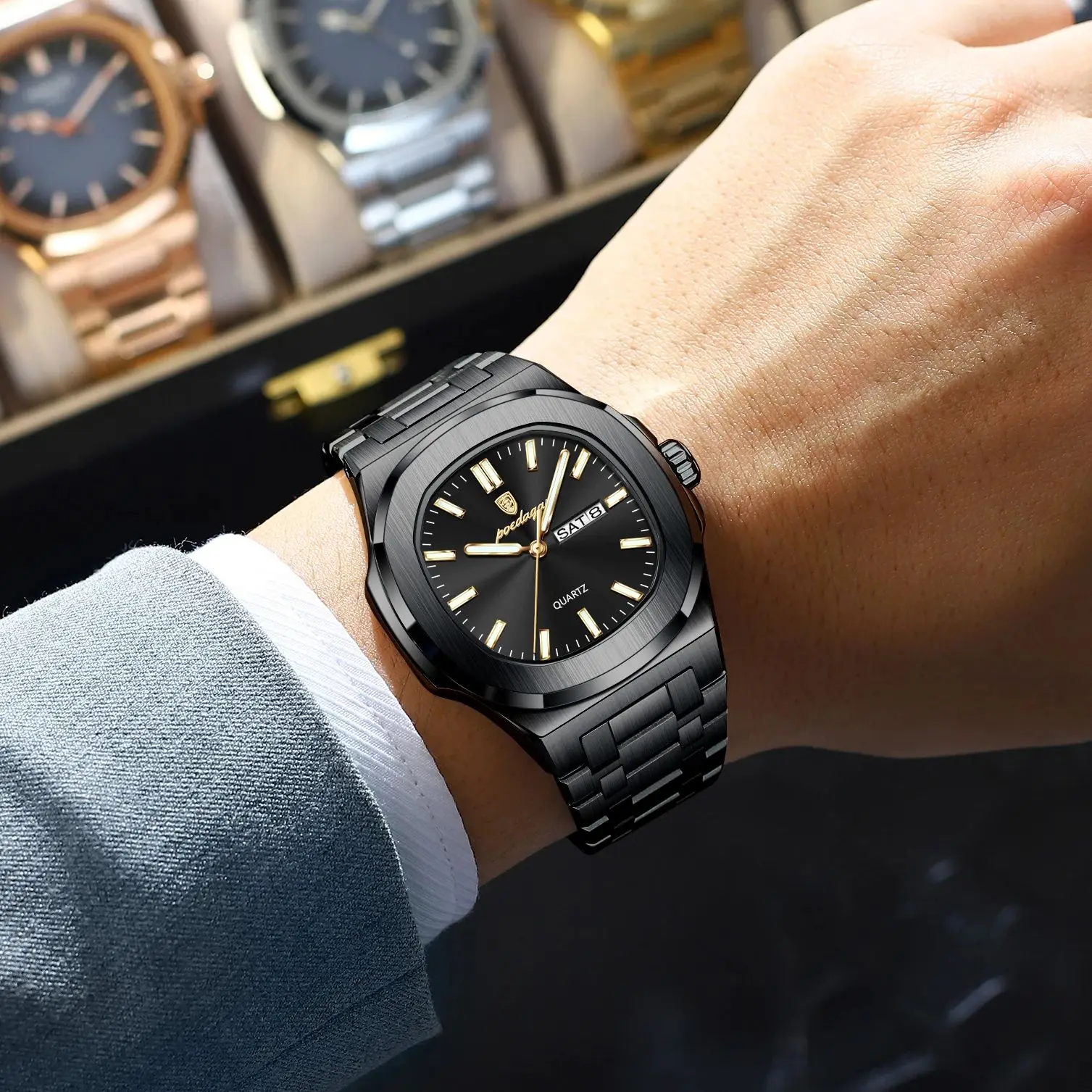 Reloj cuadrado de marca POEDAGAR para hombre, reloj masculino de acero inoxidable con fecha semanal, relojes luminosos impermeables de cuarzo de moda de lujo para hombre