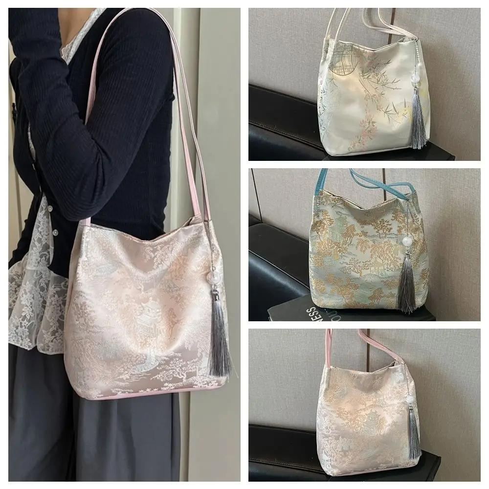 Portable Elegant Chinese Style Shoulder Bag Exquisite with Pendant Hanfu Printing Handbag Trendy Cloth Cheongsam Bag Women