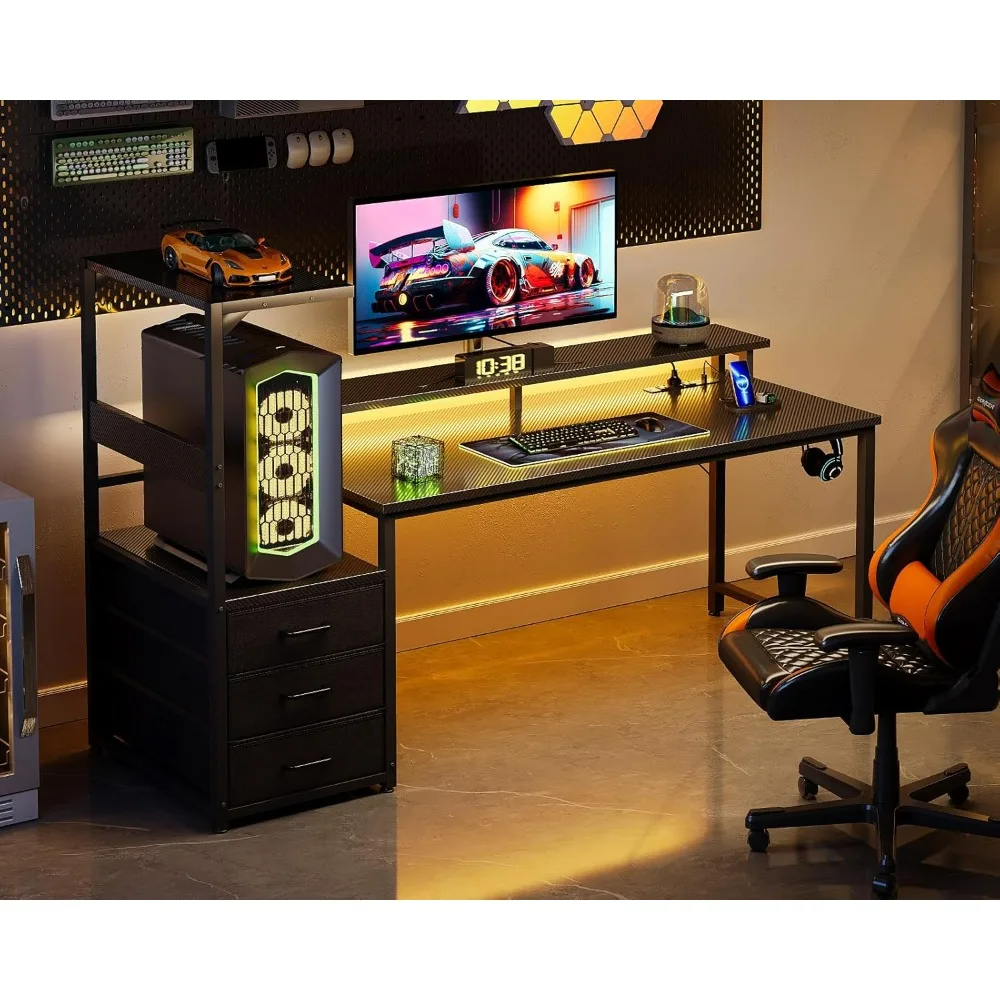 Casaottima 59 Inch Gaming Desk with USB Charging Ports LED Light Reversible 3 Fabric Drawers Monitor Stand CPU Stand Side Hook