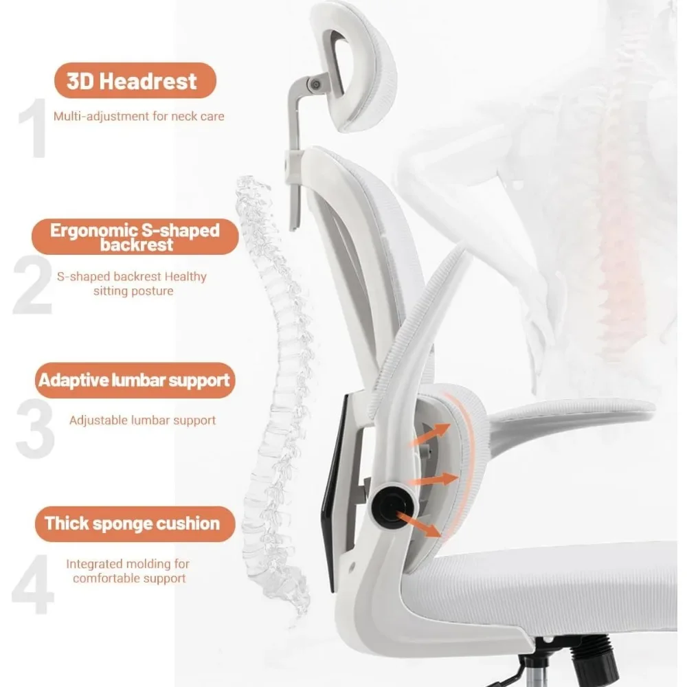 Ergonomiczne krzesło biurowe Comfort Home Krzesło biurowe Regulowane krzesło z siatki z wysokim oparciem Komputer z podparciem lędźwiowym i podnoszonymi ramionami