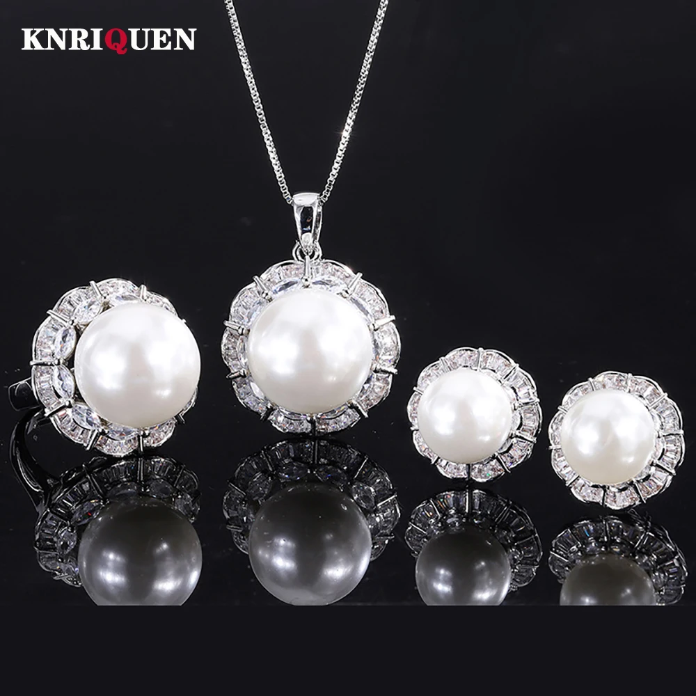 

Luxury 12-16mm White Color Pearl Lab Diamond Pendant Necklace Ring Earrings for Women Wedding Fine Jewelry Sets Anniversary Gift