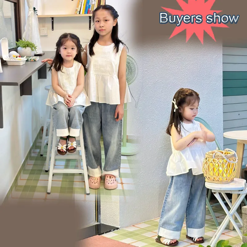 Kids Girl's Summer Thin Cotton Jeans Elastic High Waist Wide Leg Jeans Children Baggy Pants Nine-minute pants Denim Pants