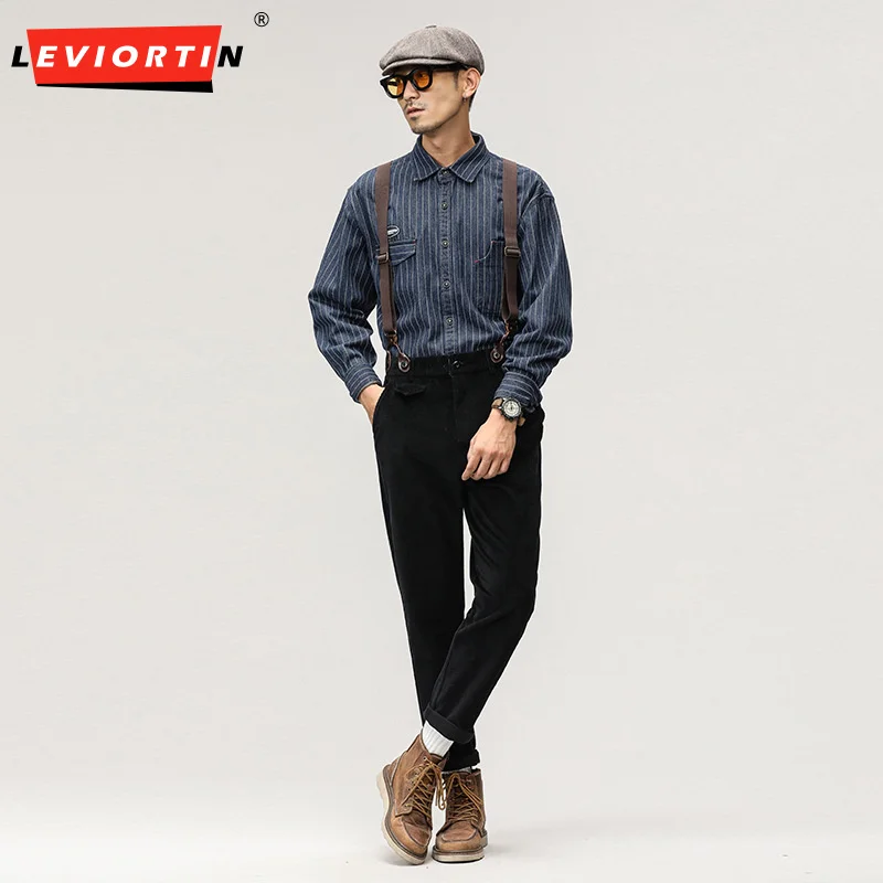 Retro Men Cargo Pants Loose Casual Corduroy Straight Overalls Streetwear Autumn Korean Stylish Male Solid Color Straps Jumpsuits