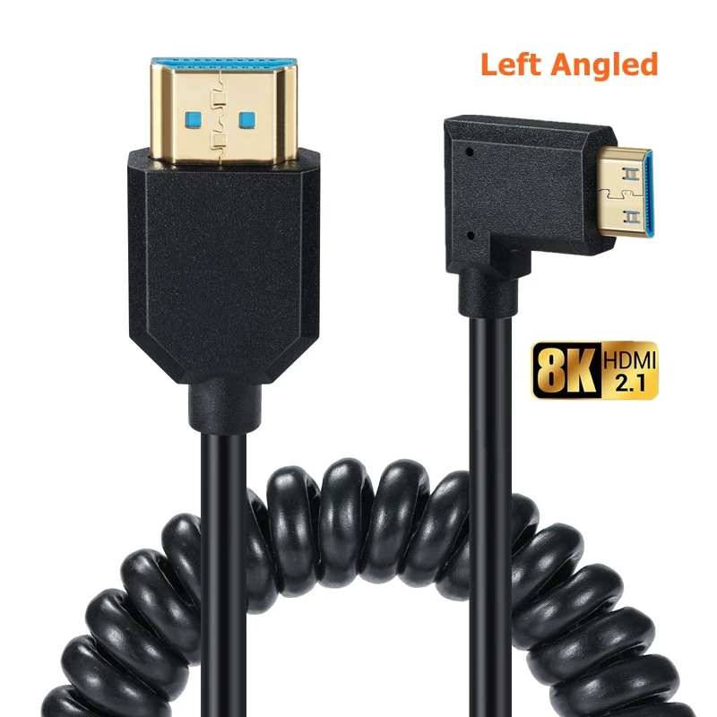 Cable de resorte compatible con Mini HDMI a HDMI, 8K, 2,1, compatible con 4K, 8K, 48Gbps, HDR, HDCP, para cámara, tableta, NUC, proyector, TV, portátil