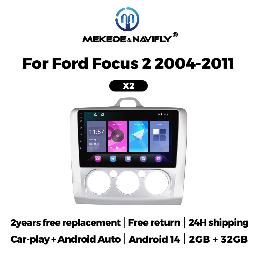 NaviFly 2Din 9" Android 14 para Ford Focus 2 3 Mk2 Mk3 2004-2011, Radio Estéreo para Auto, Carplay Inalámbrico, Android Auto, GPS, Navegador, WIFI, BT