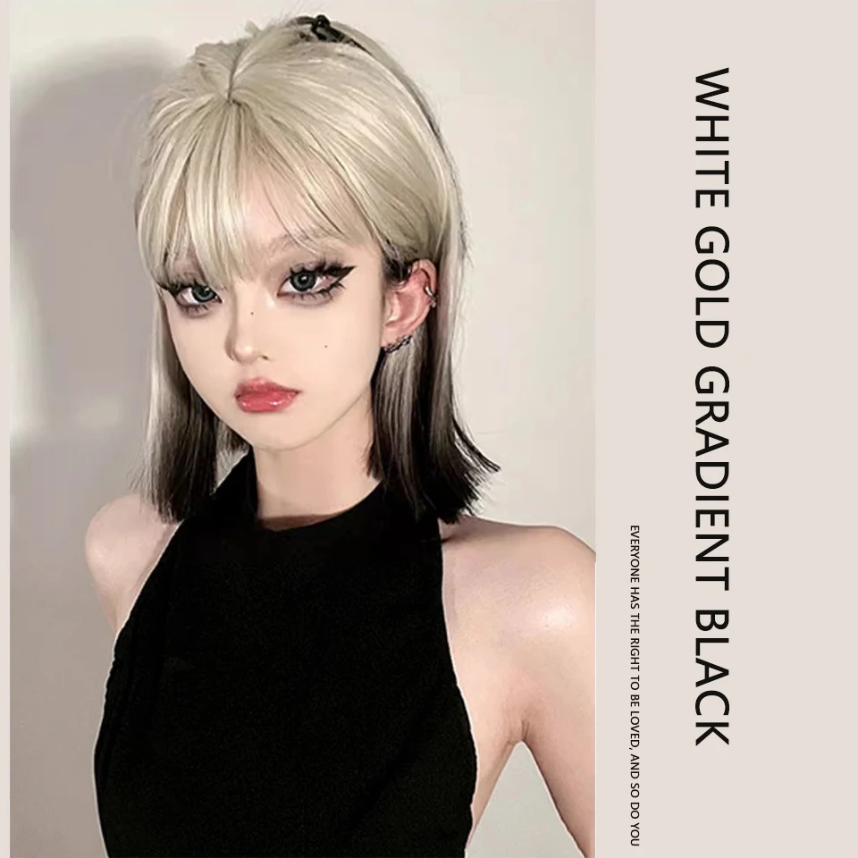 EASTSECRET Paris Painted Short Straight Hair Wig For Women Platinum Gradient Black Lolita Halloween Shoulder-length Short Hair