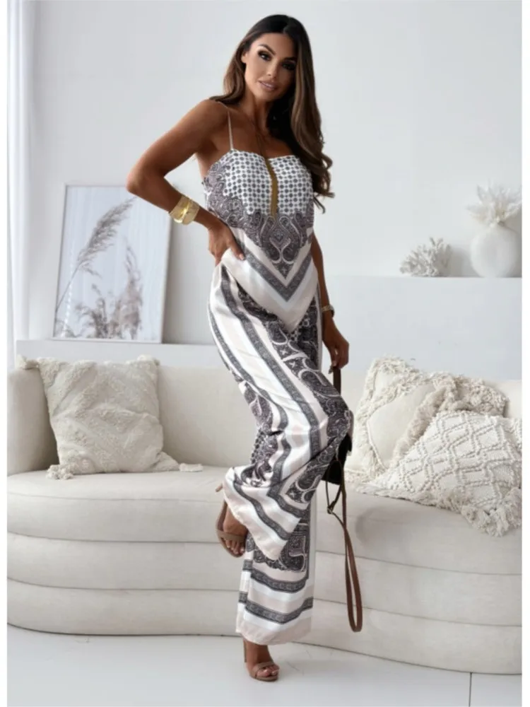 

Boho Print Sexy Sling Suit Summer New Trendy Backless Lace Up Chest Wrapped Tops & Wide Leg Pants Casual Set Women Outfits