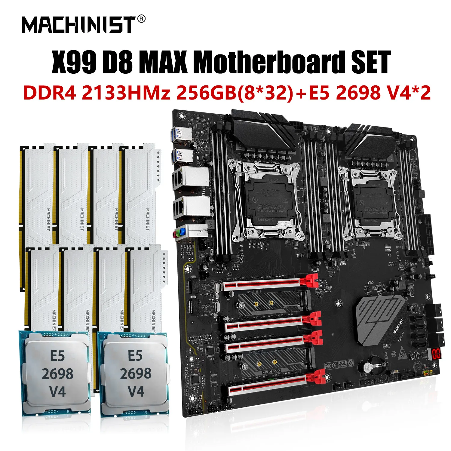 

MACHINIST X99 комплект материнской платы LGA 2011-3 dual CPU Xeon E5 2698 V4 процессор + DDR4 8 шт. * 32 Гб RAM память E-ATX 8 слотов D8 MAX