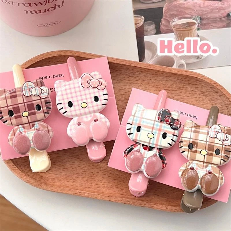 New Cute Cartoon Sanrio Checked Hello Kitty Hair Clip Girly Heart Bangs Side Clip Sweet Fashion Hair Accessories Headdress Gifts