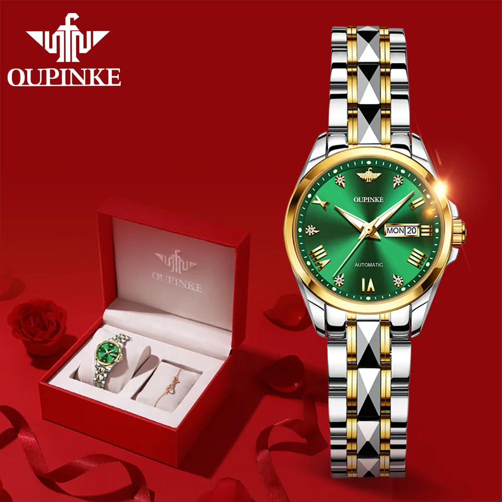 OUPINKE 3171 Original Women's Watches Sapphire Mirror Calendar Luxury Automatic Mechanical Woman Watch Ladies Green Wristwatches