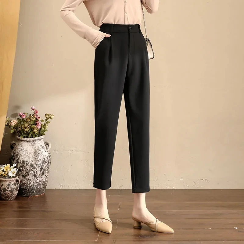 Straight Black Solid Casual High Waist Formal Office Lady Women's Suit Pants Korean Fashion Ankle-Length Pants For Women 2024
