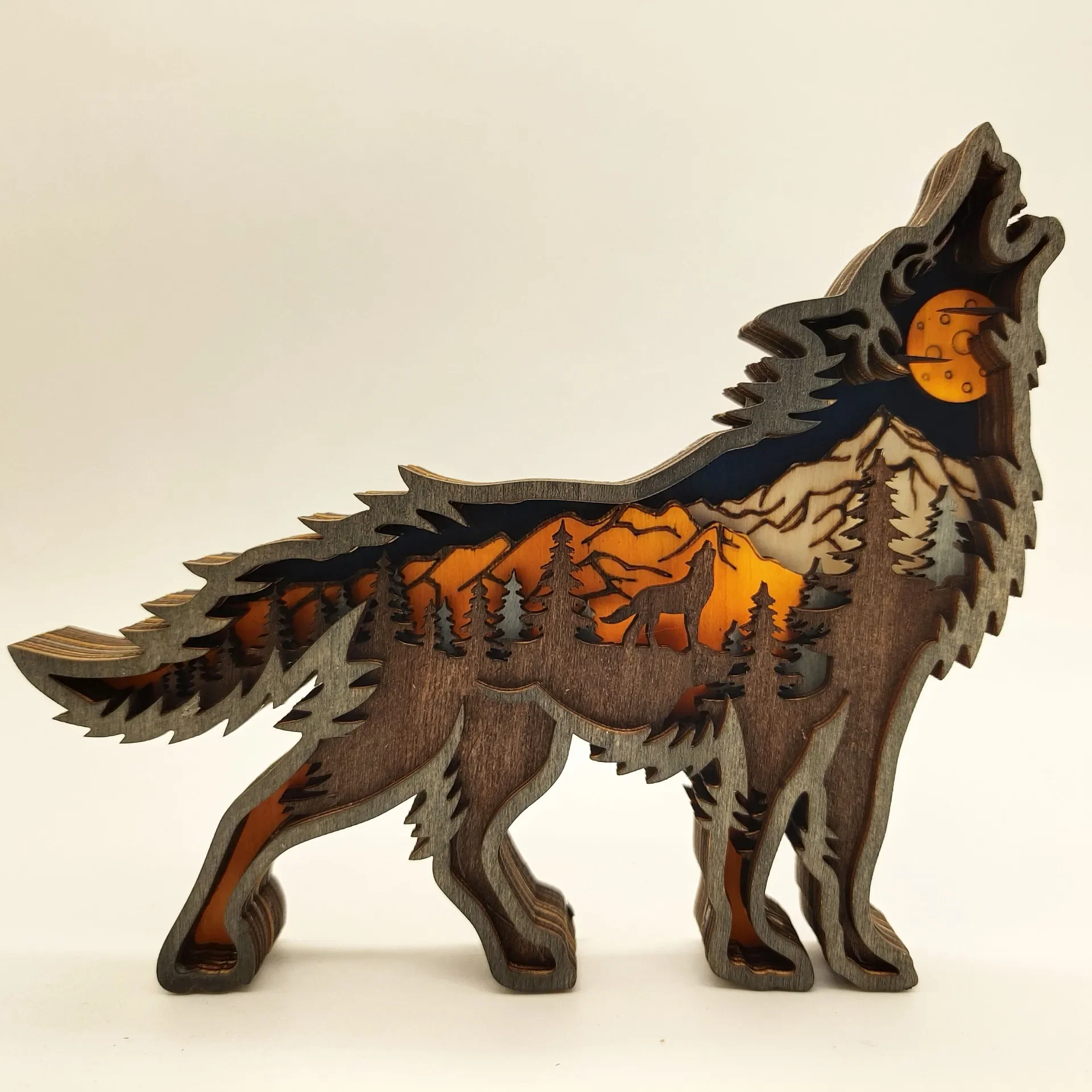 Christmas Wooden Decor Creative Wolf Totem Engraved Landscape Sculpture Unique Christmas Woodcraft Ornament