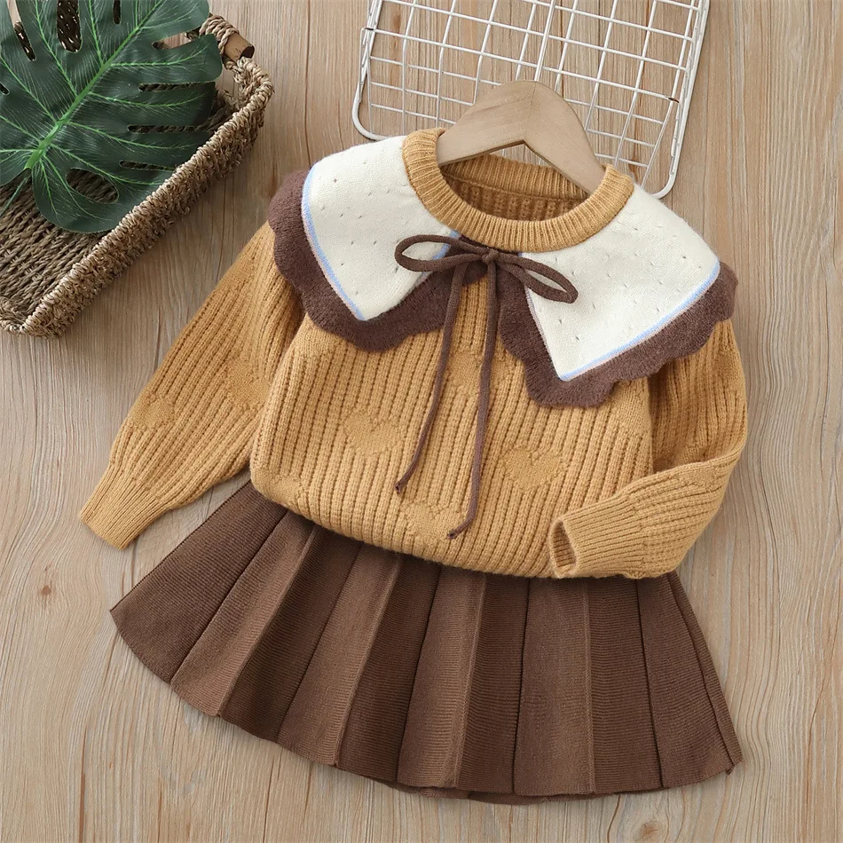 

Sailor Collar Tops+Skirt Bottom 2PCS Sets For Children Clothing Autumn Winter Knitted Sweater Suits For Girls Outfits Clothes