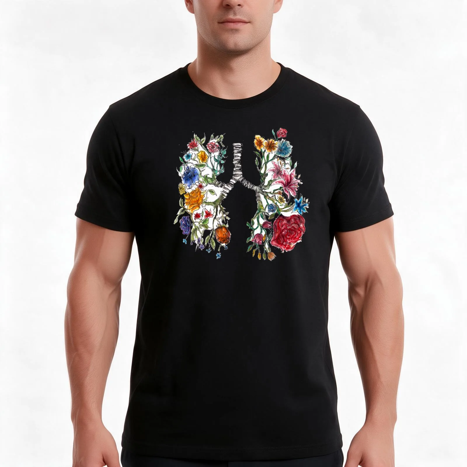 Lung Anatomy and Flowers Art T-Shirt, Summer Casual Cotton Tee, Oversized Streetwear Tops, Vintage Graphic Print, 100% Cotton
