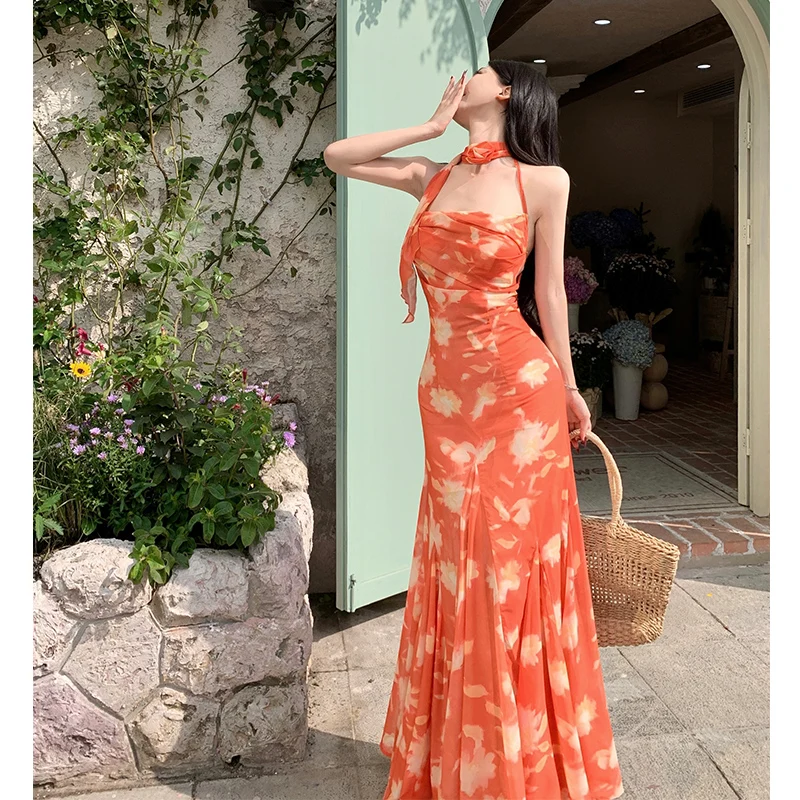n Sle Maxi Dr Evening Orange Sunset Illusion Beach Vaion Abito da donna lungo fino al pavimento con sospensione floreale Ne De...
