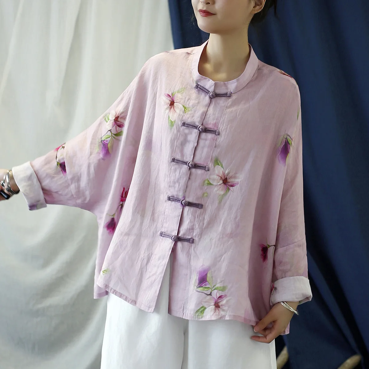 2025 Autumn Long Sleeves Printed Chinese Artistic Button-Up Cotton Linen Long Shirt Zen Tea Ethic Top Stand Collar Women's Shirt