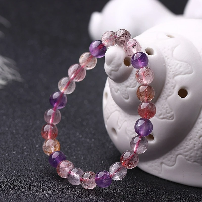 Natural super seven crystal couple bracelet super seven three-wheel backbone purple hair crystal