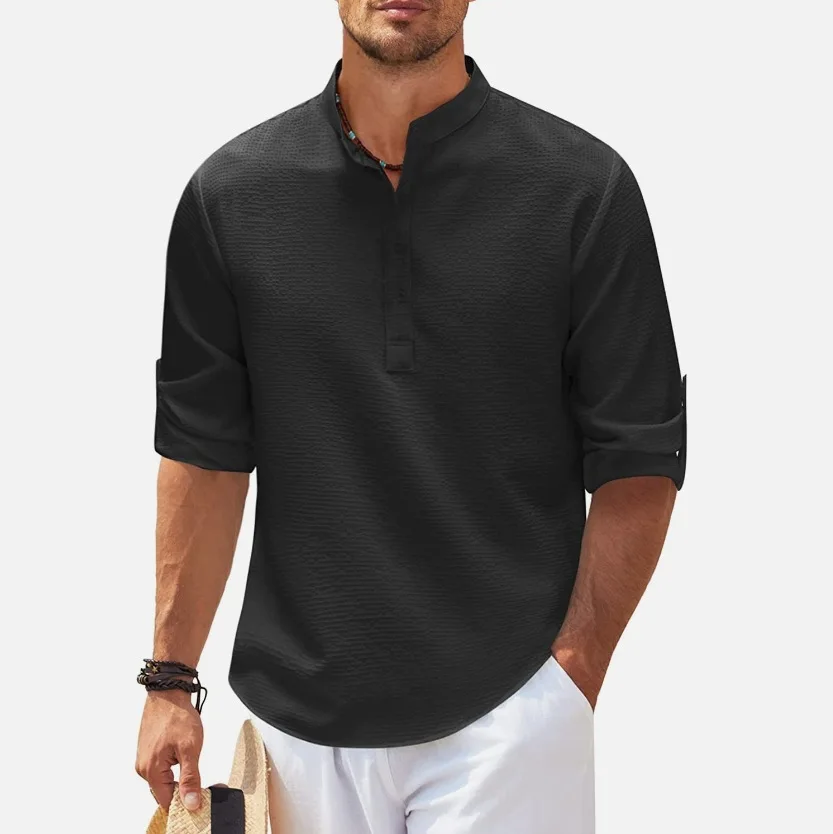 Men Loose Fit Henley Shirt Textured Band Collar Roll-Up Long Sleeve Casual Summer Top for Tropical Beach Resort Vacation