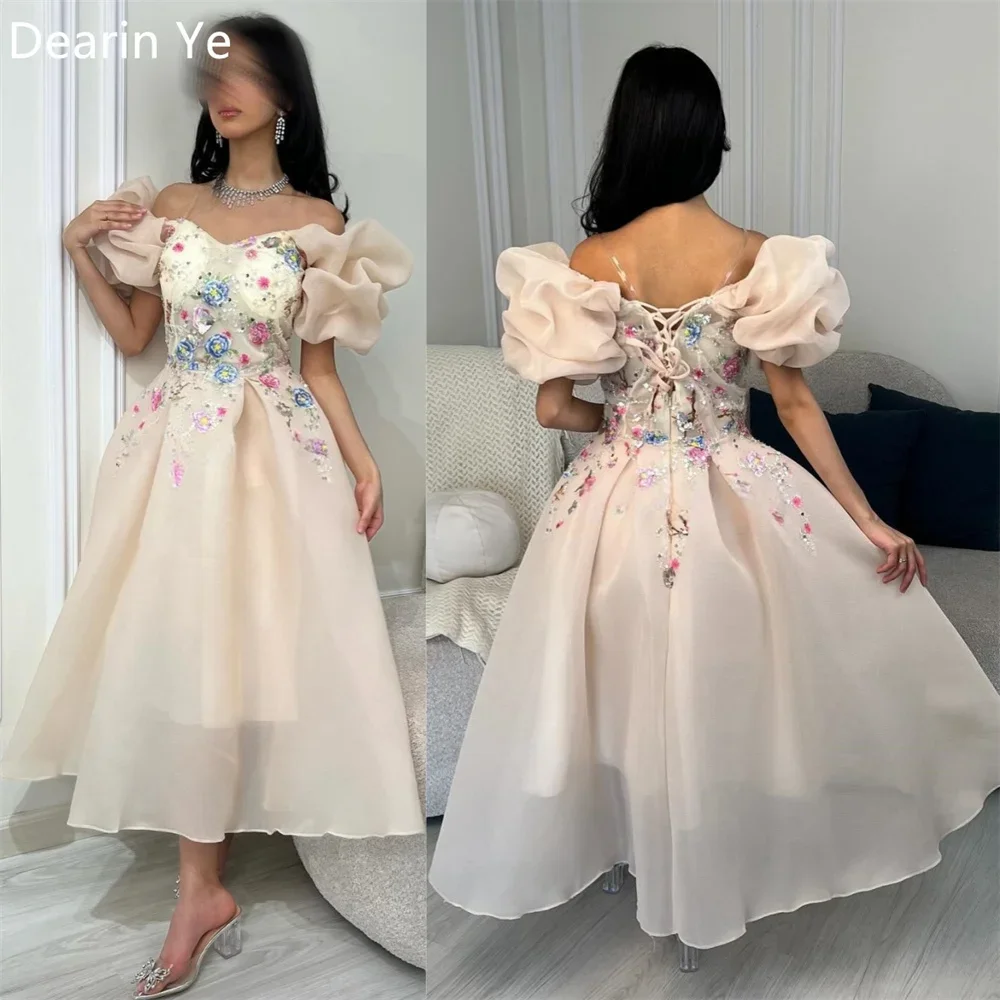 

Customized Prom Gown Dearin Off-the-shoulder A-line Ankle Length Skirts Layered Draped Tulle Print Bespoke Occasion Dresses Form