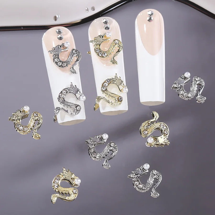 

10pcs/bag 2024 New Chinese Dragon Nail Charms Metal Gold Silver Nails Jewelry Glitter Rhinestone Manicure Decoration Supplies