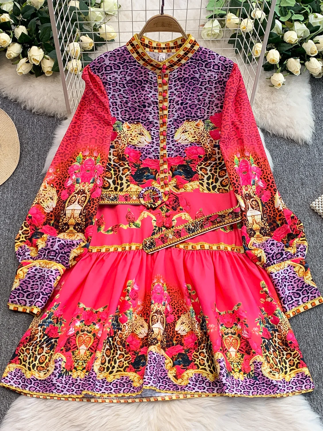 Retro Court Sle Colletto alla coreana Lanterna Sve Dr Donna Estate High-End Stampato Vita che impingente Dimagrante Midi Dr