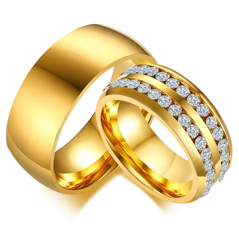 

Trendy Wedding Rings for Women Men CZ Stones Gold Color Stainless Steel Jewelry Engagement Anniversary Valentine's Day Gift