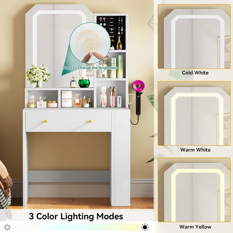 Vanity Desk with Adjustable LED Mirror, Jewelry Organizer, and Ample Storage Options for Bedroom and Dressing Room