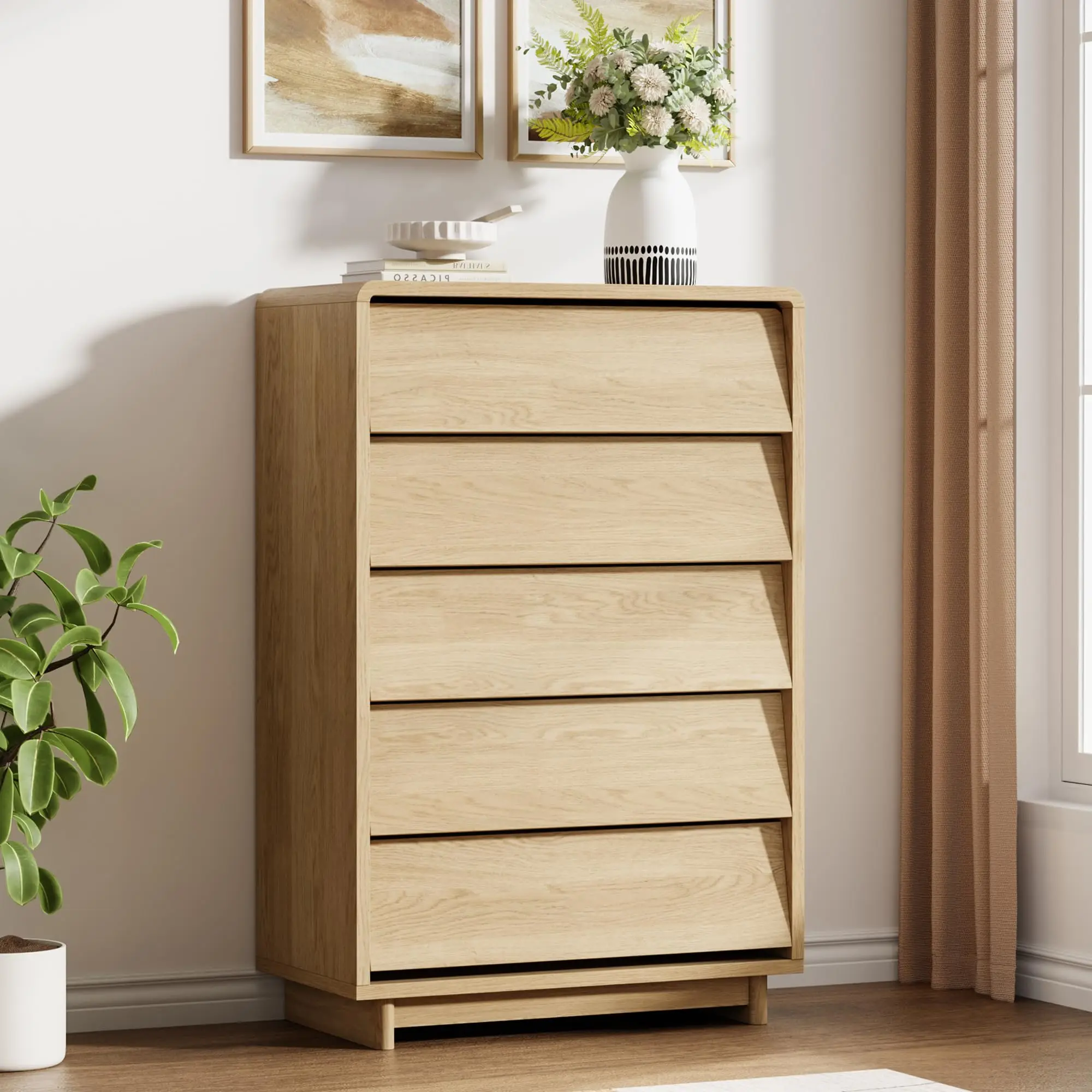 5 Drawer Tall Wood Dresser With Handle-Free Curved Edge Design, Modern Storage Chest Of Drawers For Bedroom Living Room Entryway