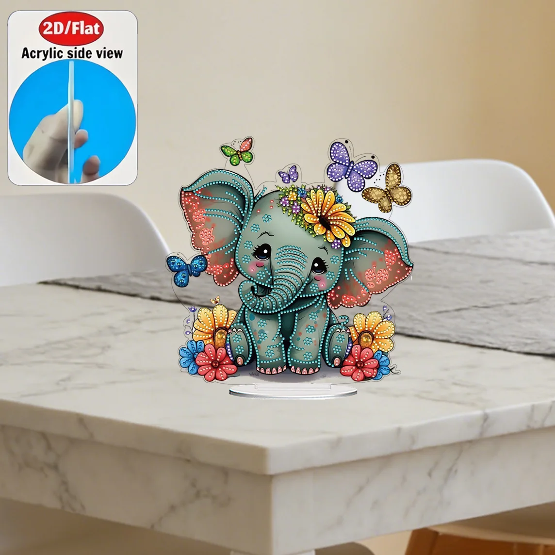 2D Flat 1pc Elephant Figurine Acrylic Welcome Plaque Diamond Painting Desktop Ornament Set, Shiny Wall Decor, Holiday Gift