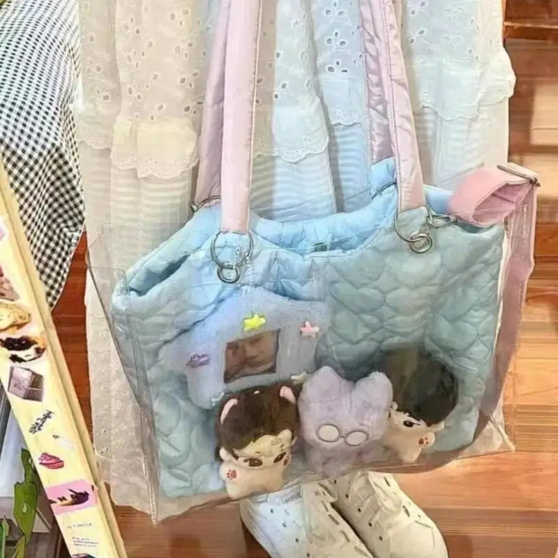 Bloom Haruku Blue Shoulder Bags Women Transparent Large Capacity Casual Tote Ladies Sweet Canvas Messenger Bag Aesthetic