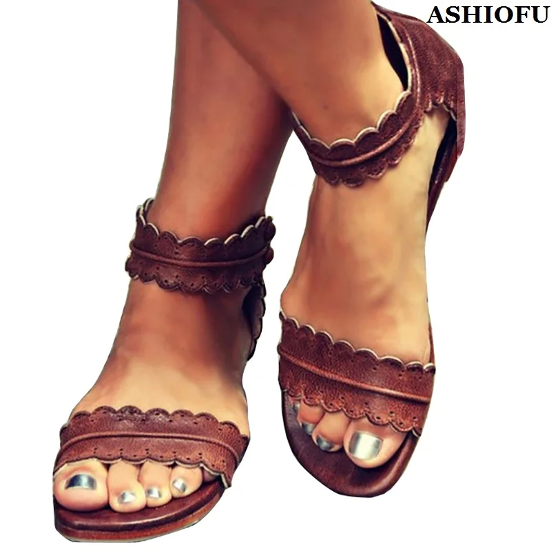 

ASHIOFU Handmade Girls Flat Sandals Solid Back-to-school Beach Summer Shoes Casual Solid Retro Casual Sandals Hot Sale Shoes