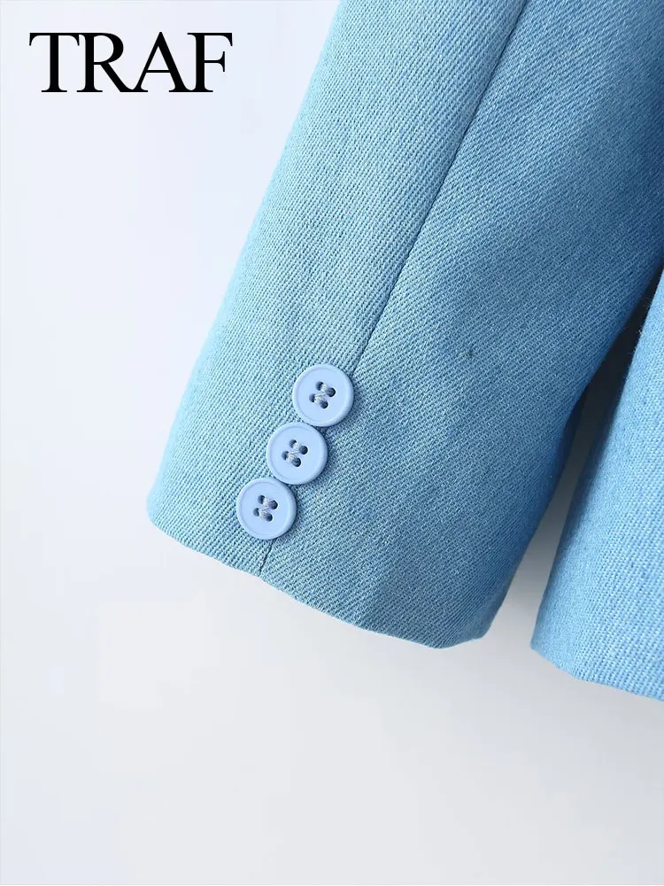 Traf 2024 Lente Dames Blauwe Blazer Stevige Lange Mouwen Zakken Elegante Single Knoop Woon-Werkverkeer Kantoor Dames Dames Streetwear
