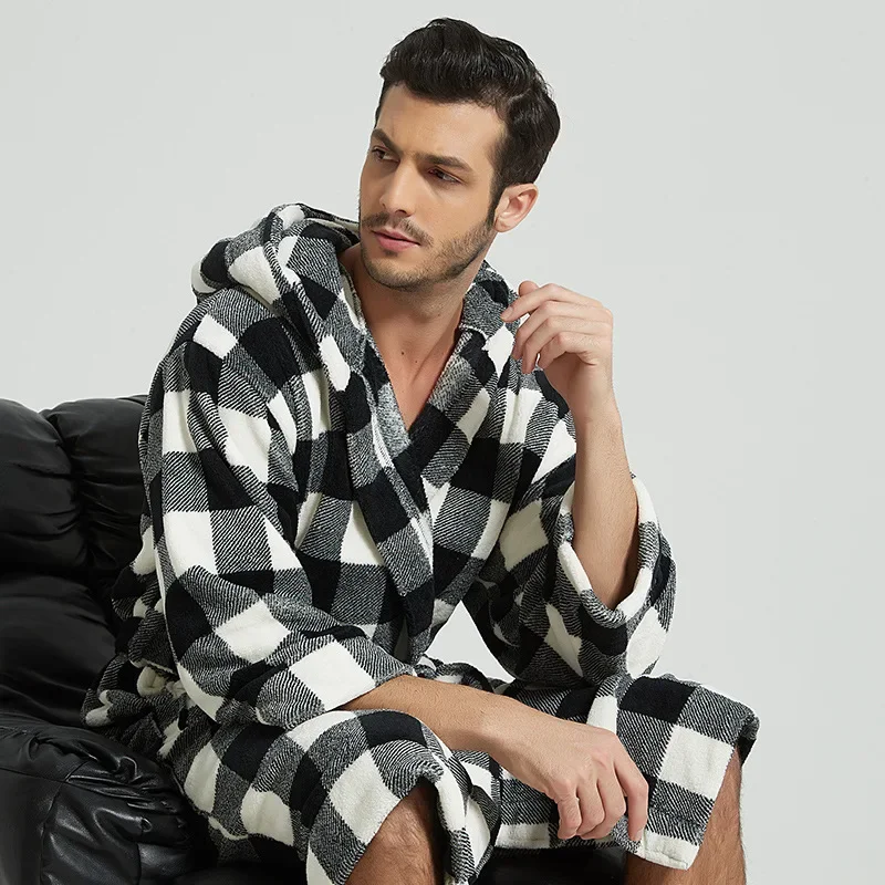 Winter Flannel Hooded Robe Female Nightwear Thicken Warm Bathrobe Kimono Gown Black White Checkered Sleepwear Sexy Lingerie