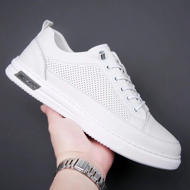 New Shoes for Men Spring Summer Genuine Leather Casual Shoes Designer Microporous White Flat Skateboard Shoes Leisure Sneakers