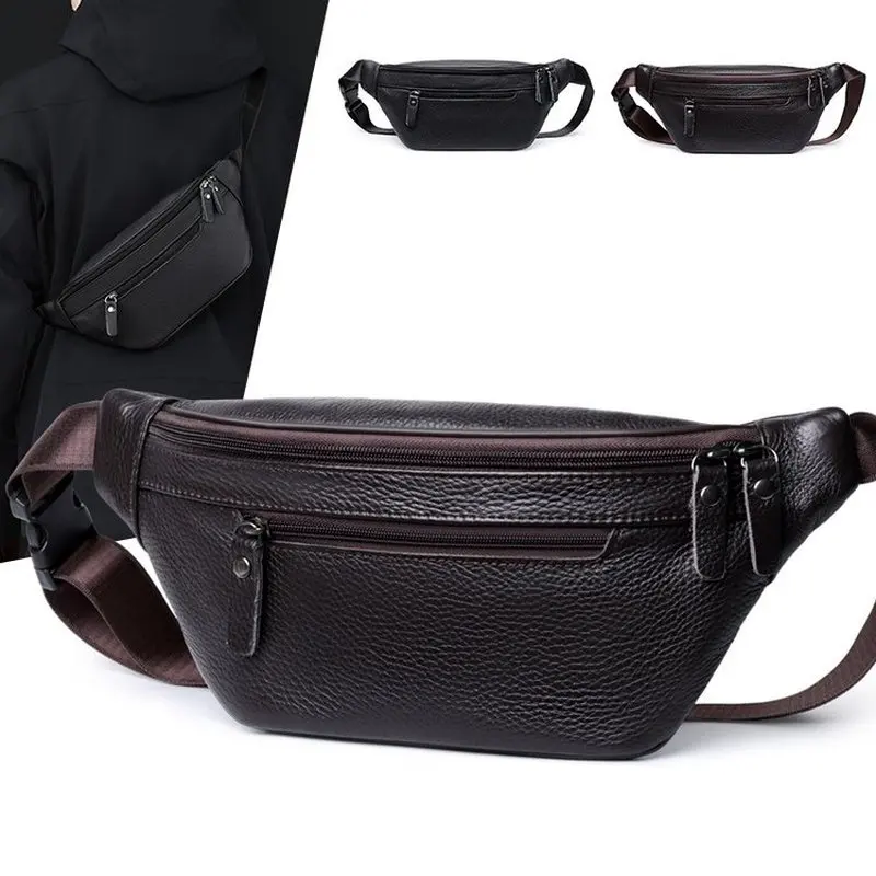 Premium Leather Crossbody Chest Bag Men's Fashion Sling Pack Waterproof Sling Bag with Multiple Zippers Travel Hiking Daypack