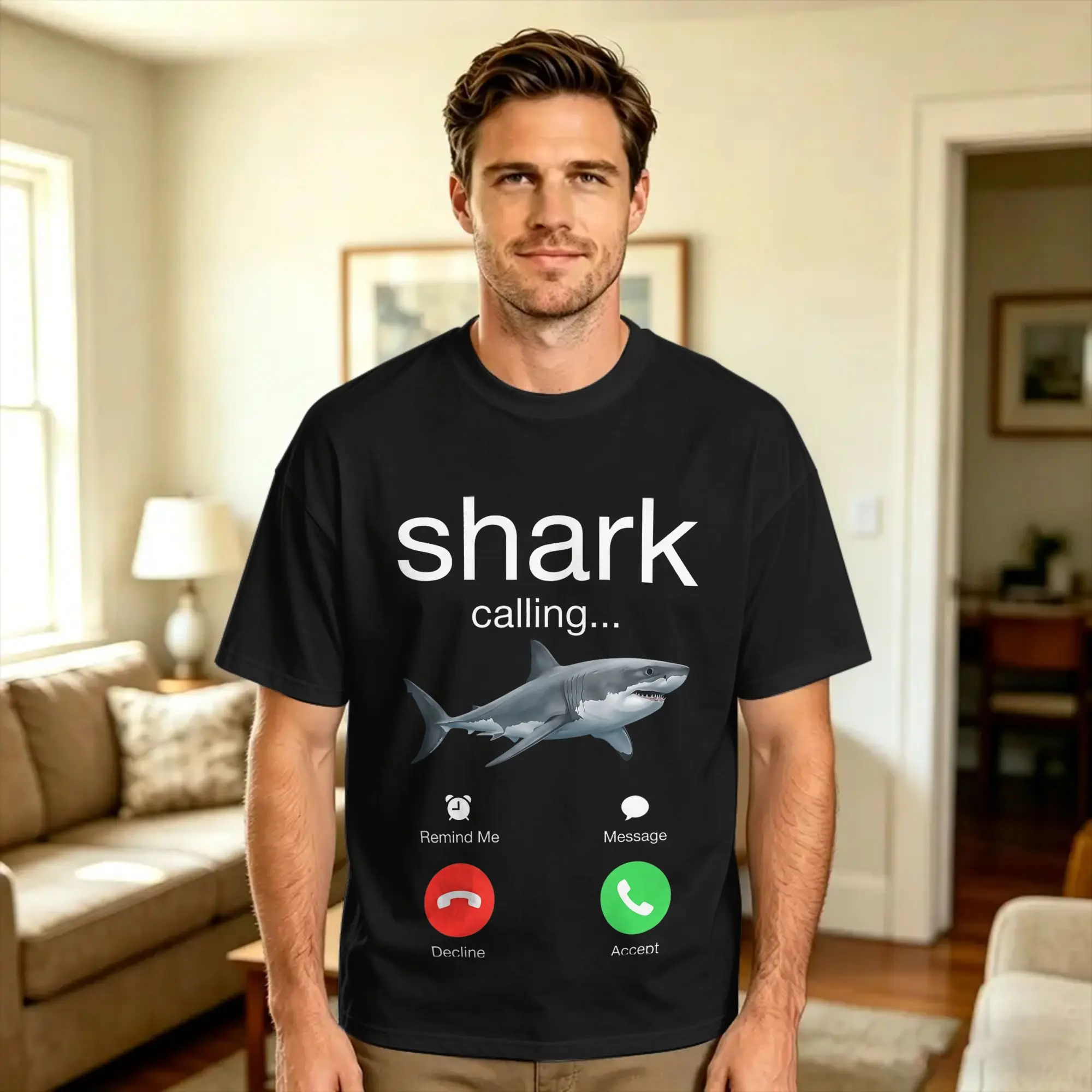 Shark Calling Decline Accept Phone Call Funny Fish Meme T-Shirt Summer  Y2K Fun T Shirts Cotton Novelty Tshirt For Men Clothing