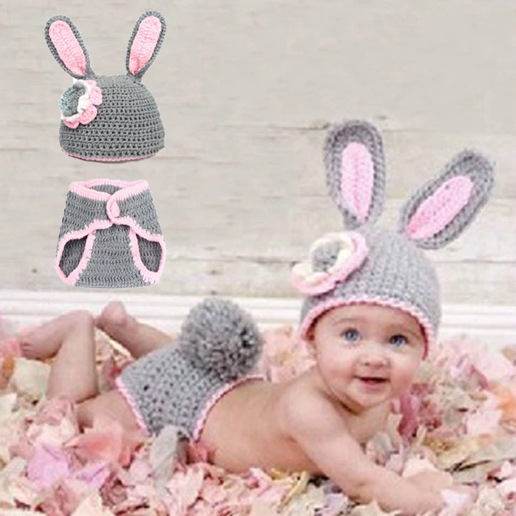 

Crochet Newborn Baby Photography Clothing Gray Long Ears Rabbit Bunny Shape Easter Animal Theme 0-3 Months 100 Days