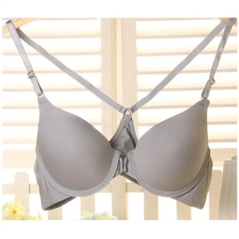 Spring and summer thin style sexy front buckle beautiful back deep V halter neck solid color with steel ring glossy Y-shaped bra