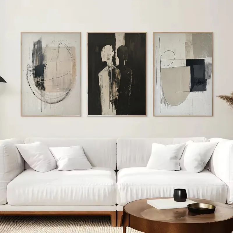 Stillness Stories Frameless Minimalist Abstract Neutral Black Beige Simple Geometric Figure Boho Poster Canvas Painting Wall Ar