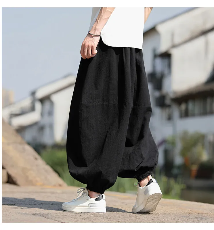 Modische Herrenhose im japanischen Stil, Haremshose, lockerer Schnitt, 100 % Baumwolle, Herrenhose für Frühling und Sommer, einfarbige Hose – Detail 13